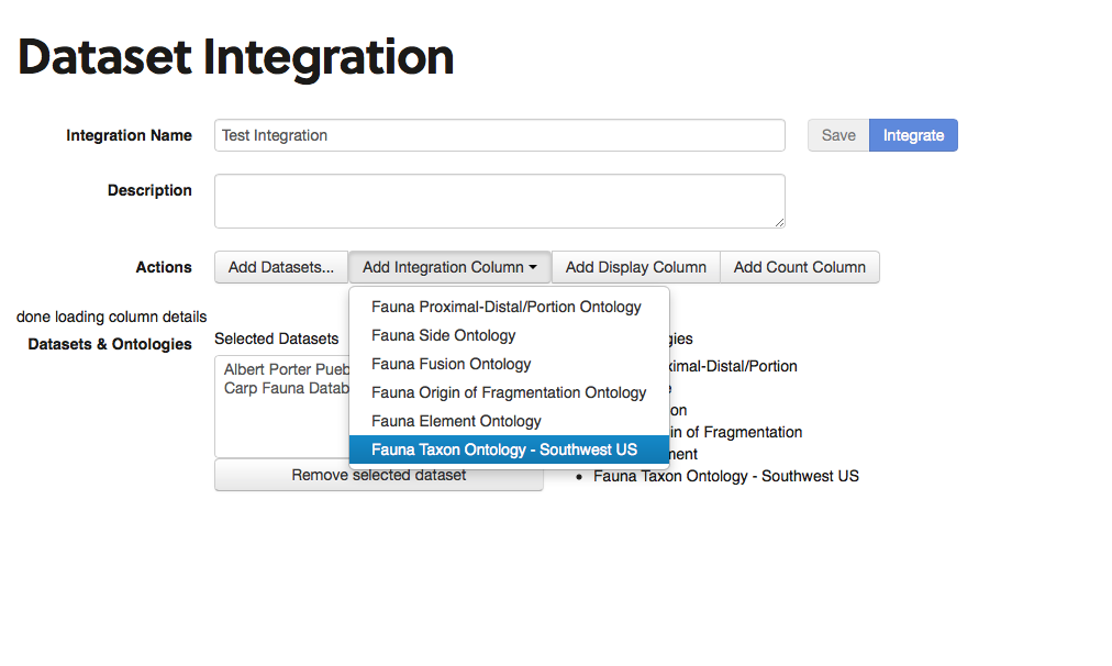 selecting an integration column