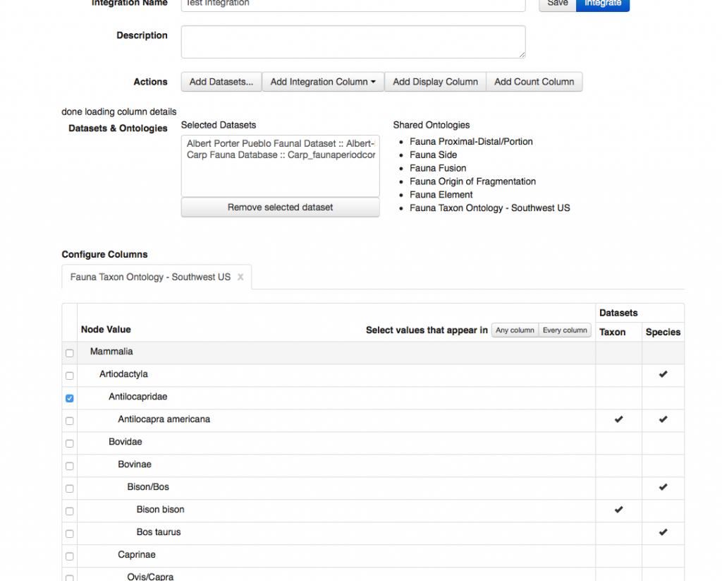 Once an integration column has been created, users can then "filter" results by selecting values from the ontology. tDAR display's a checkmark where each data set has actual values.