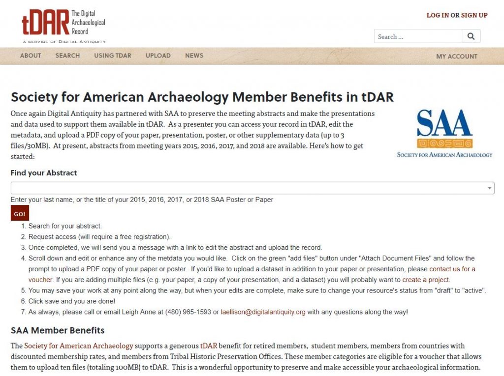 SAA Member Benefits page in tDAR