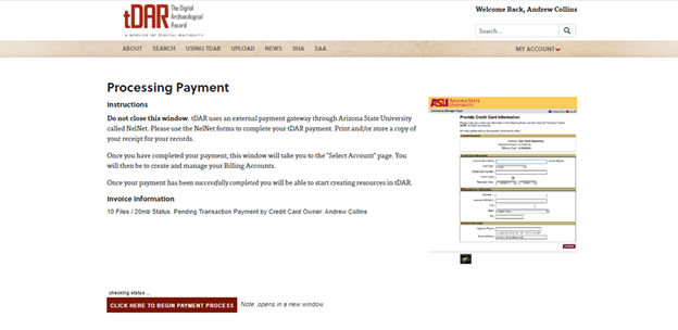 Payment Processing screen