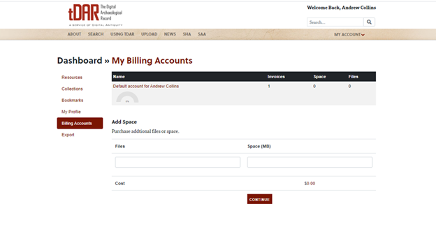 List of your associated tDAR billing accounts