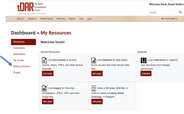 Location of Billing Accounts within tDAR Dashboard