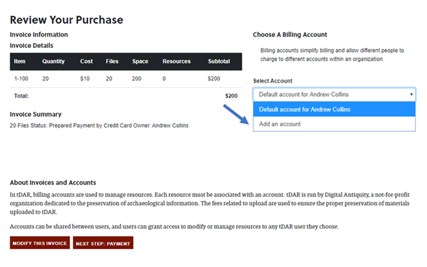 How to select existing billing account or create new billing account in the purchasing process