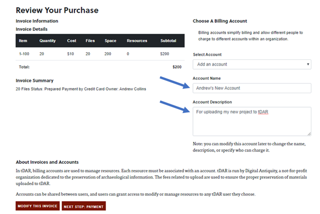 Account description field for tDAR billing accounts.