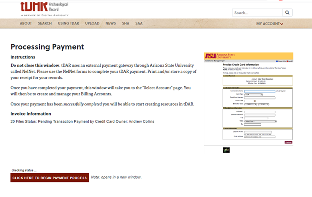 Processing payment page