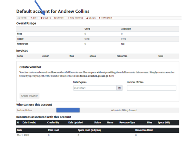 Action toolbar for tDAR billing Account. Delete option is indicated