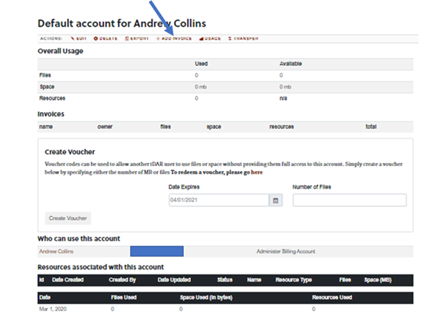 Action toolbar for tDAR billing Account. Add invoice option is indicated