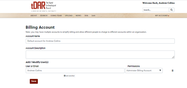 Edit page for tDAR billing account