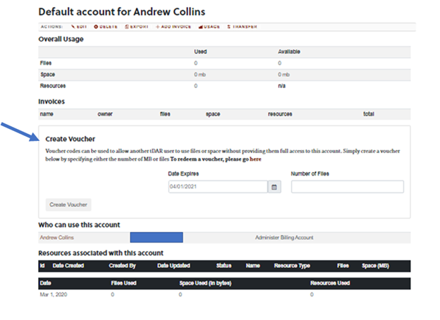 Action toolbar for tDAR billing Account. Create Voucher option is indicated